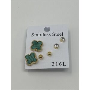 NWT 3 Pairs Gold Tone Stainless Steel Green Four Leaf Clover Stud Earring